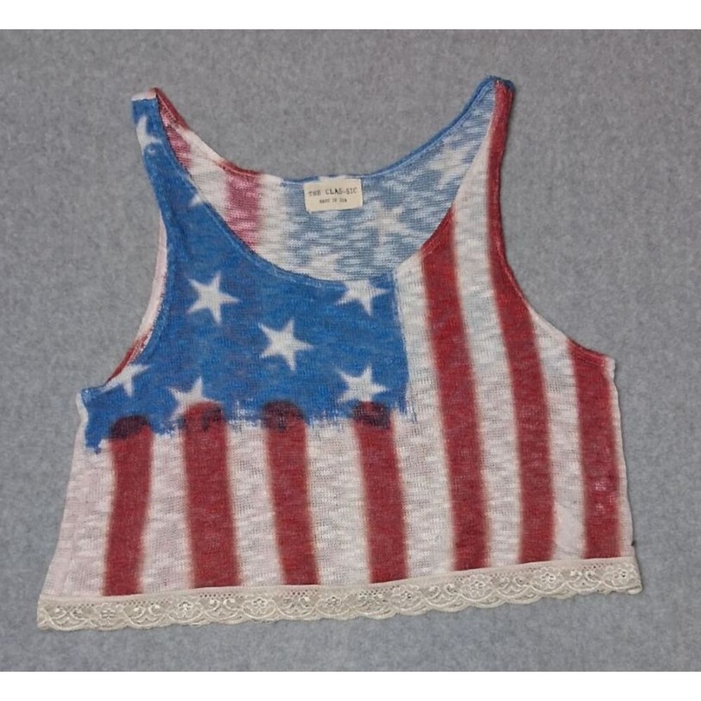 The Classic Cropped Lace trim Top Womens L American Flag Patriotic 4th Of July